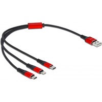 DeLOCK USB-oplaadkabel 3-in-1 USB-A naar Lightning + 2x USB-C Zwart/rood, 0,3 meter