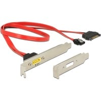 DeLOCK Slot bracket SATA 6 Gb/s 7 pin + SATA 15 pin power > SATA male pin 8 power kabel Rood/zilver, 0,3 meter