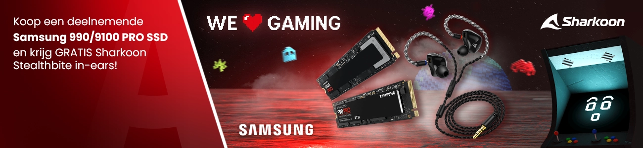 Koop een deelnemende Samsung 990/9100 PRO SSD en krijg GRATIS Sharkoon Stealthbite in-ears!